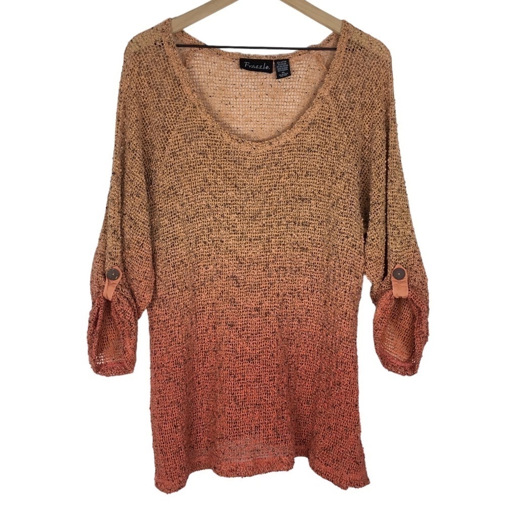 FRAZZLE Mesh Tunic Top Blouse 3/4 Roll Tab Sleeves Rust Orange Red Lagenlook XL